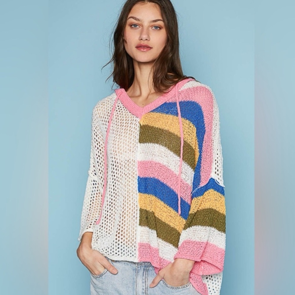 Pol Openwork Drawstring Color Block Hooded Knit T… - image 4